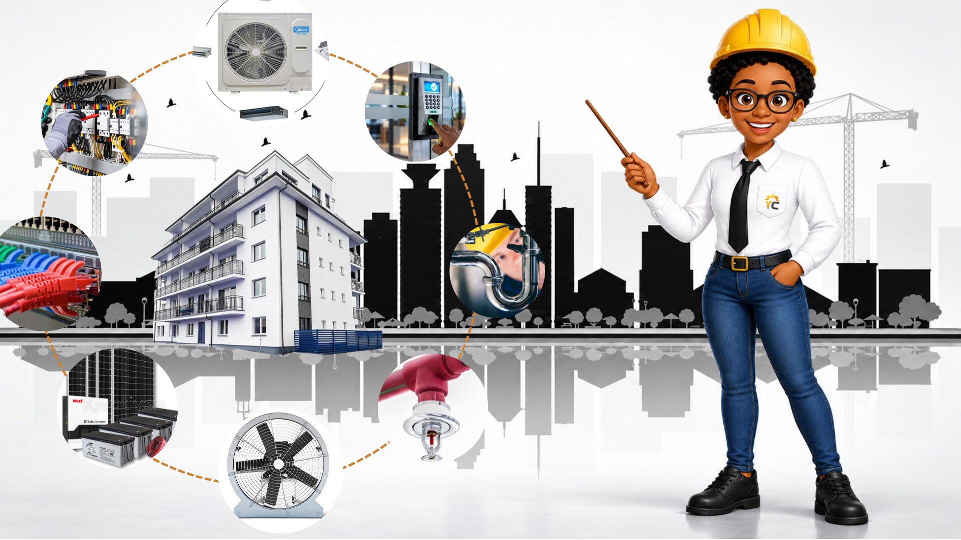 Commercial rooftop building-services installation overlooking Nairobi